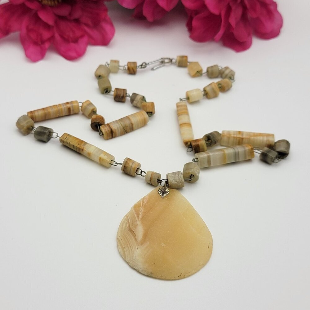 Vintage Agate Gemstone Teardrop Pendant Beaded Necklace 23" Pastel Color Signed